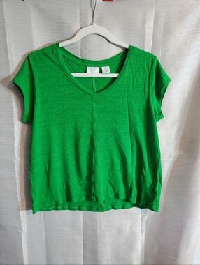 Sigrid Olsen Large 100% Linen Green V-Neck Top